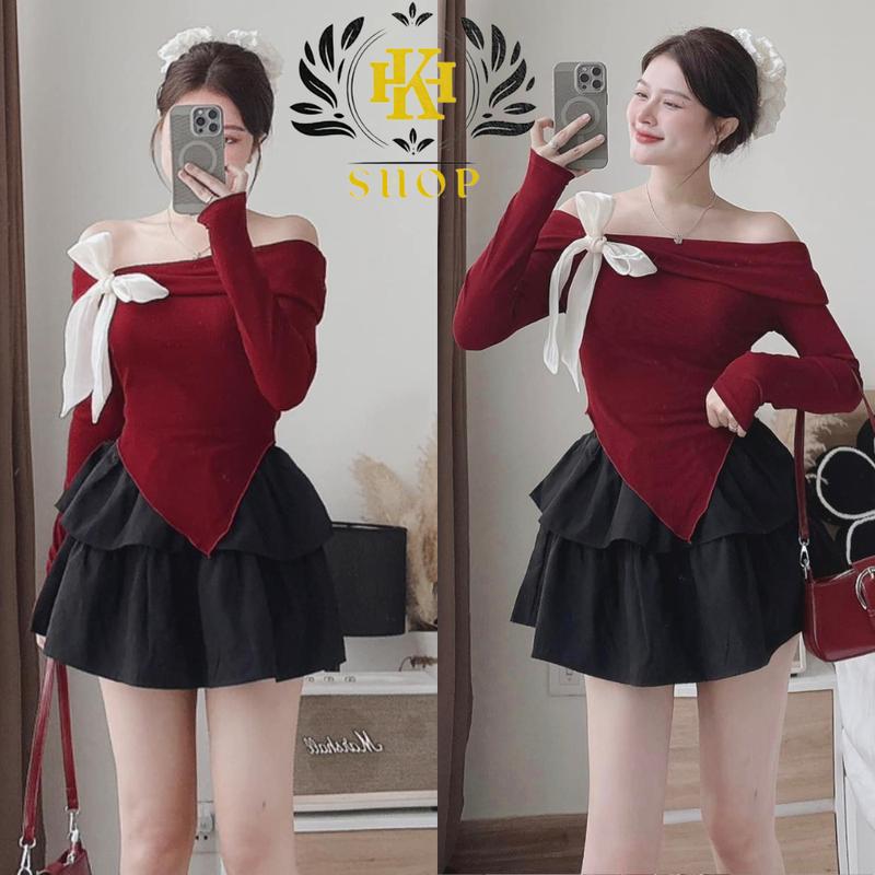 Set váy nữ Set áo trễ vai đính nơ vạt nhọn phối kèm chân váy 2 tầng tiểu thư sang chảnh cho các nàng đi Noel