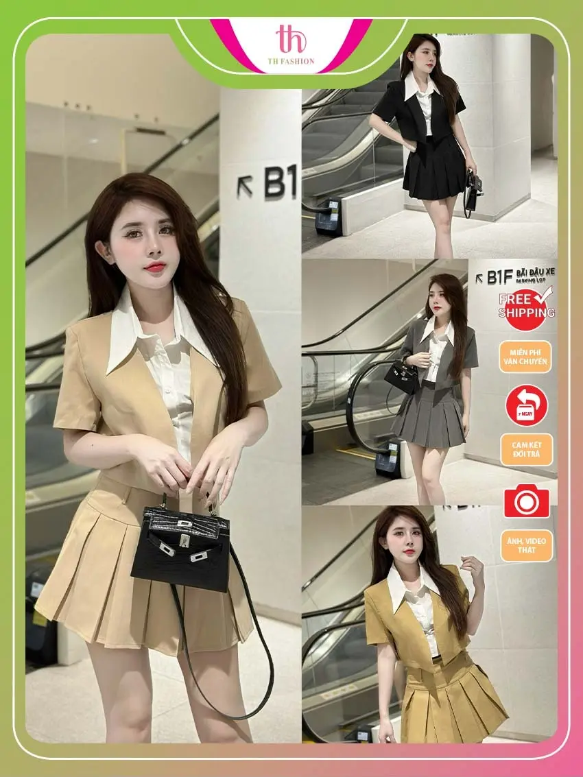 Set áo blazer ngắn tay cổ sơ mi trắng vạt nhọn cá tính phối cùng chân váy xếp ly 6819