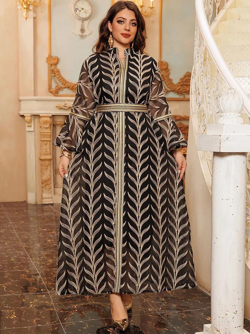 Product Introduction of Dubai Embroidery Abaya With Belt For Muslim Woman Notched Stand Collar Flare Sleeve Elegant Loose Moroccan Saudi Kaftan 12