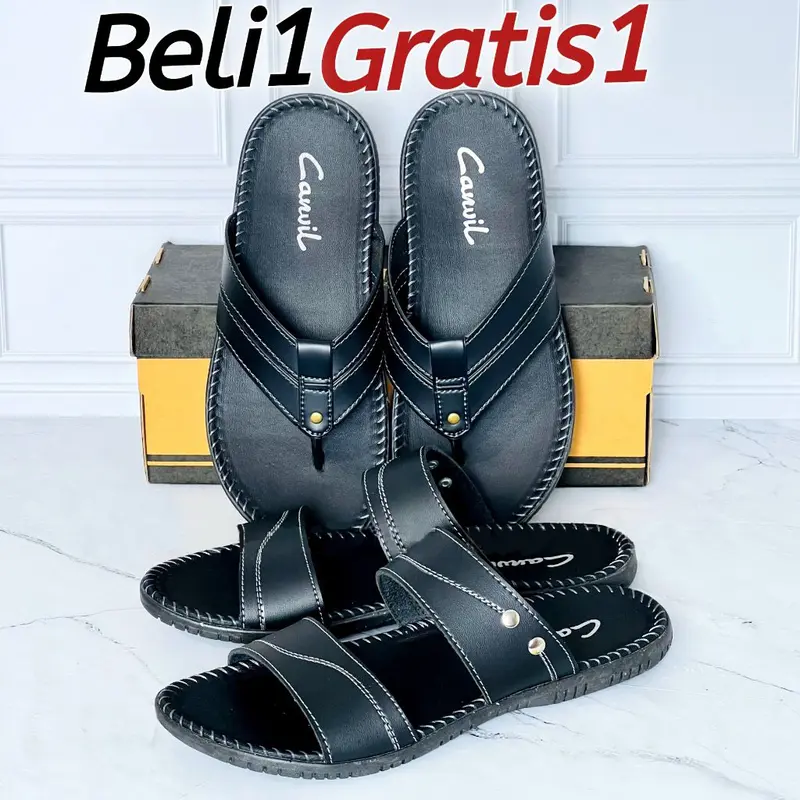 BELI 1 GRATIS 1 Sandal Kulit Pria Sendal Jepit Slop Selop Slide Slip On Cowok Kasual 3