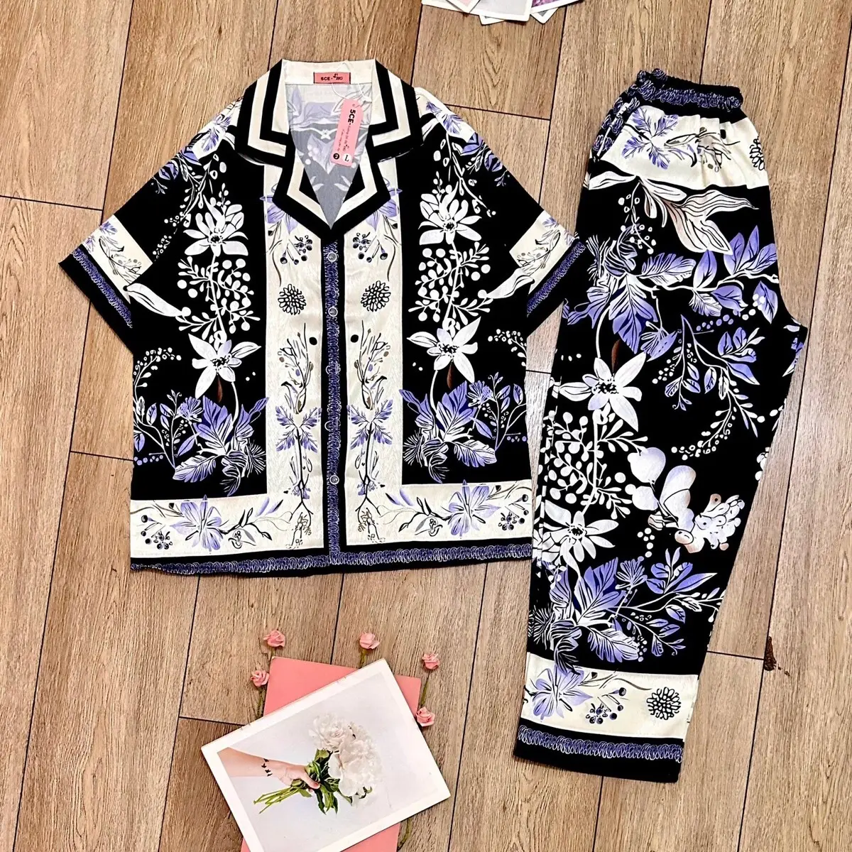Big Size 60-85 Kí Đồ Bộ Mặc Nhà Dành Cho Nữ Vải Lụa Xước Mềm Mát Áo Tay Ngắn Quần Dài Hình Bông Xanh