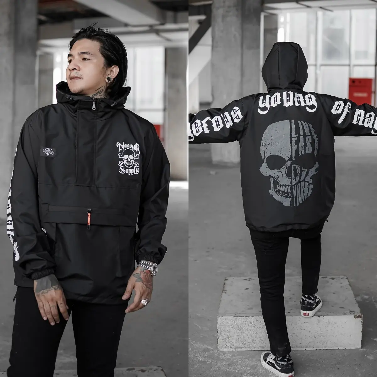 Jaket Parasut Cowok Keren Cagoule Dangerous YoungNagoya Suplly Santai Hitam Putih