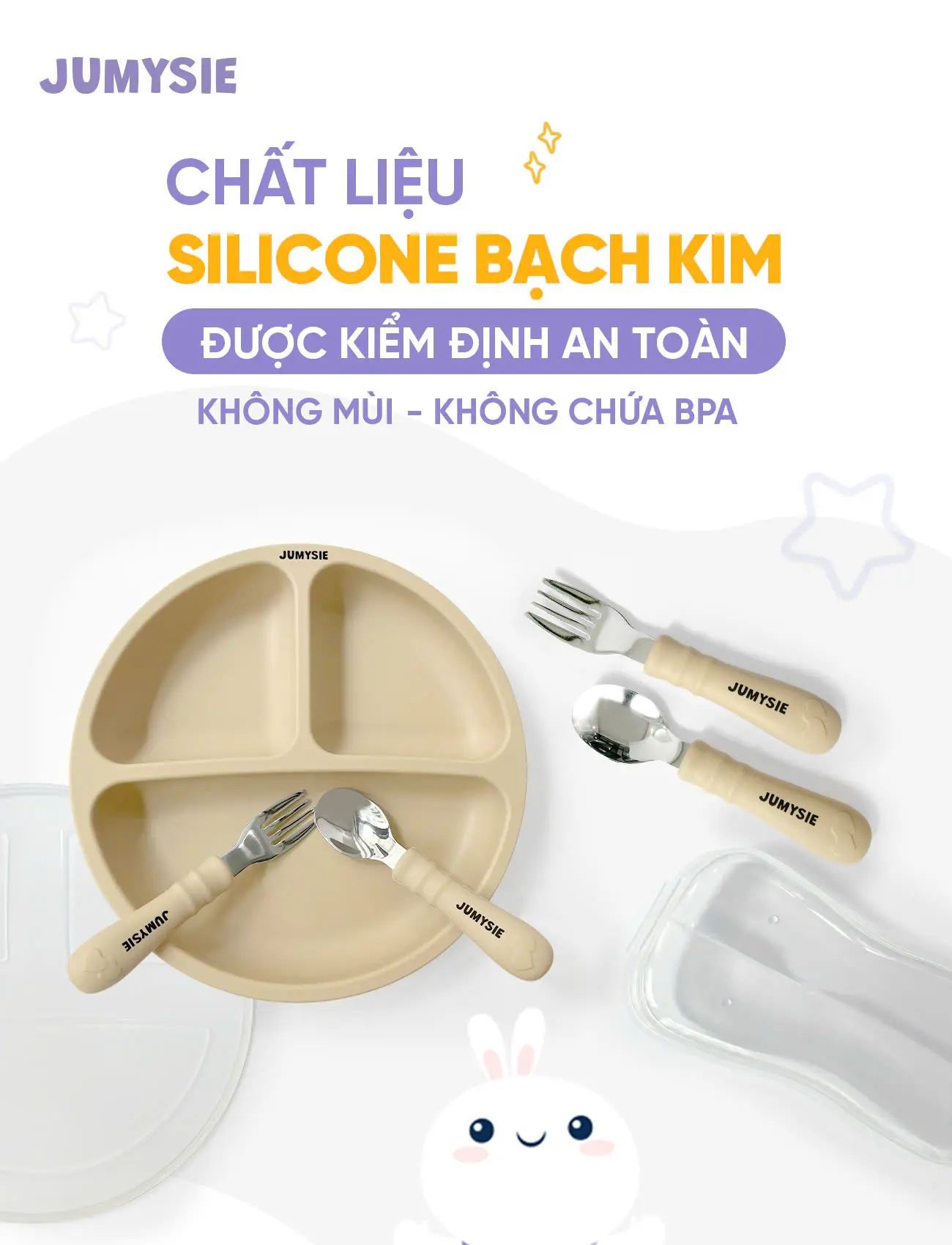 Set Ăn Dặm Jumysie Silicone Cao Cấp - Khay Ăn Dặm Chia 3 Ngăn Có Nắp, Thìa Dĩa Vừa Vặn, Dễ Vệ Sinh phân loại 2