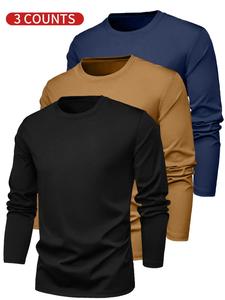 Men's Solid Long Sleeve Tee, Casual Comfy Round Neck T-shirt for Spring & Fall, Men's Top for Daily Wear