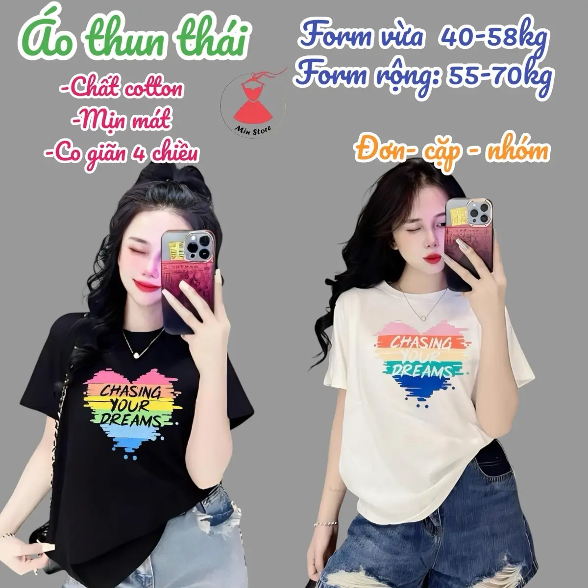Áo thun thái nữ [ Mã A99][tim chasing] form vừa 40~58kg, Form rộng 55~70kg Cổ Tròn Top Nữ Cotton Women Voan Màu Trắng