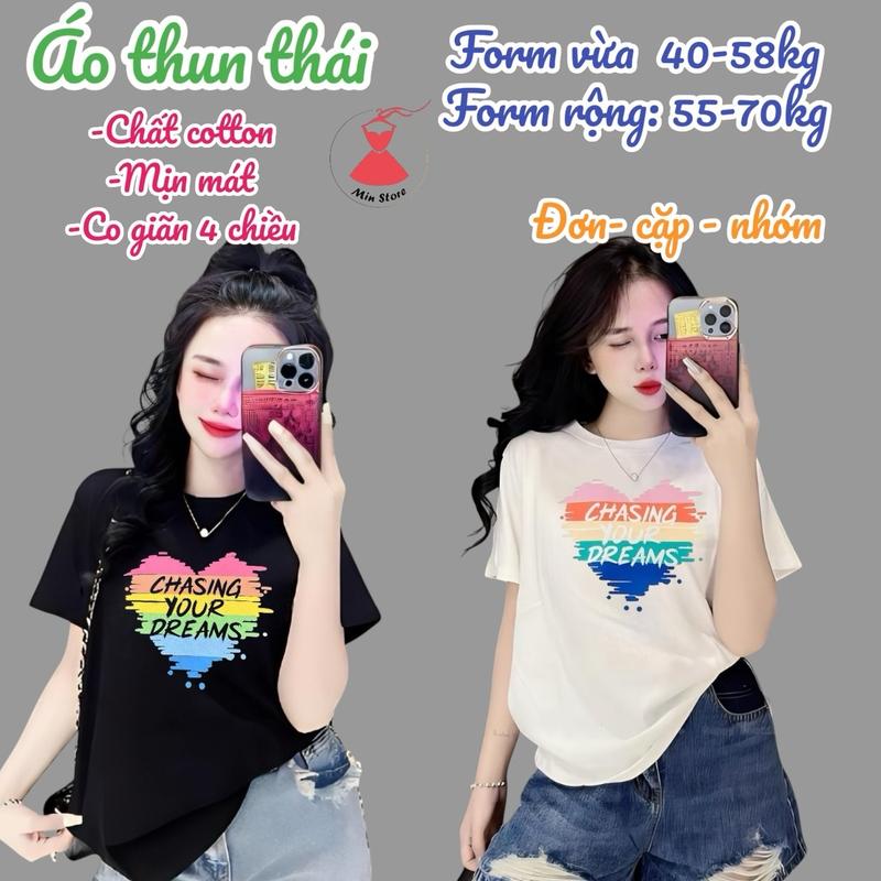 Áo thun thái nữ Mã A99 tim chasing form vừa 40~58kg Form rộng 55~70kg Cổ Tròn Top Nữ Cotton Women Voan Màu Trắng