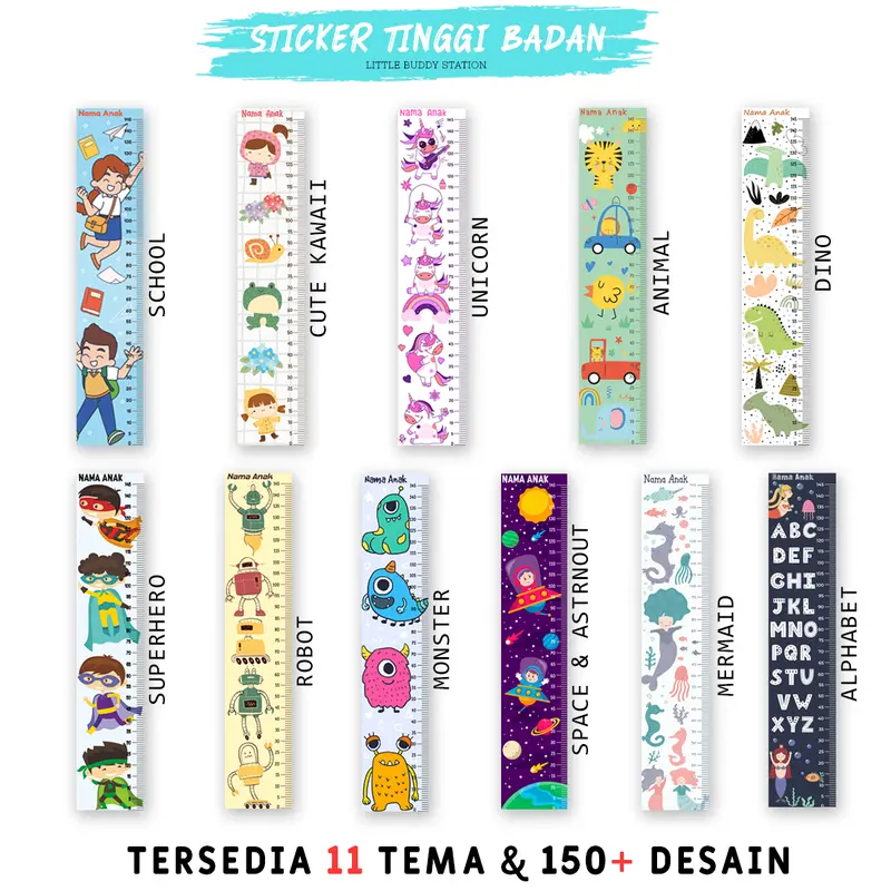 Stiker Pengukur Tinggi Badan Anak SD Dinding Aesthetic - Custom Nama Growth Chart Sticker Dinding Tinggi Badan Anak Wall Decor Motif Gambar Edukasi Abjad Alfabet 1