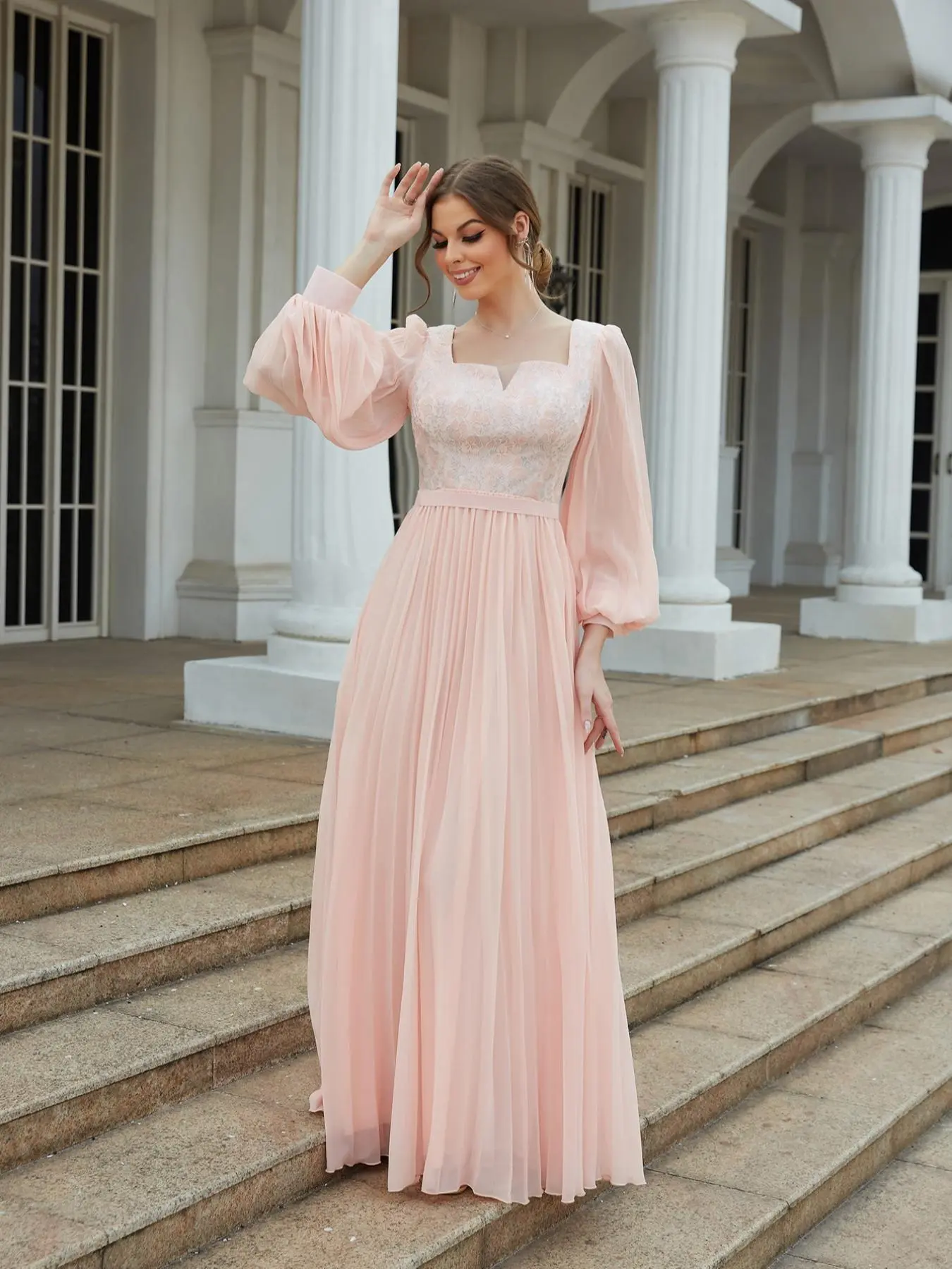 Women's Plain Floral Lace Contrast Mesh Pleated Chiffon Dress, Elegant Lantern Sleeve Square Neck Maxi Dress for Party, Ladies Clothes for All Seasons