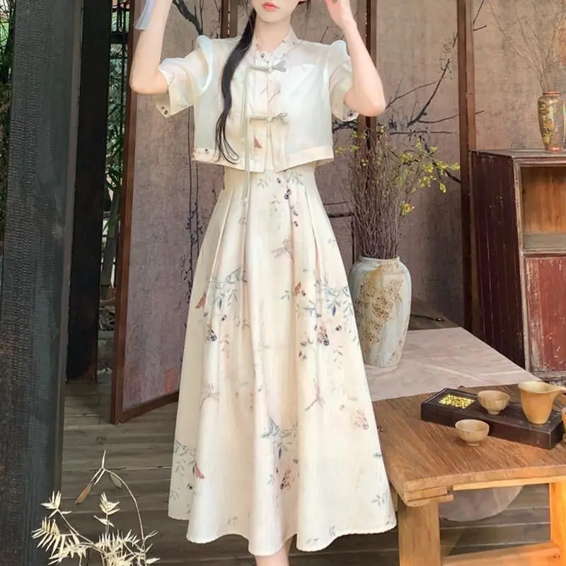 Quần Áo Truyền Thống Trung Quốc Áo Choàng Mỏng Phong Cách Trung Quốc Mới, Bộ Đồ Cải Tiến, Thích Hợp Cho Mùa Hè 2024, Cỡ Nhỏ Bộ Hai Mảnh