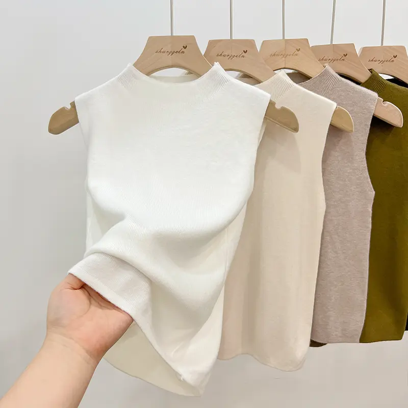 White Knitted Fabric Strappy Sleeveless Tank Top Women's Spring and Autumn Clothing Half Turtleneck Waistcoat Short Inner Wear Base Outerwear Top Tide Womenswear Tube