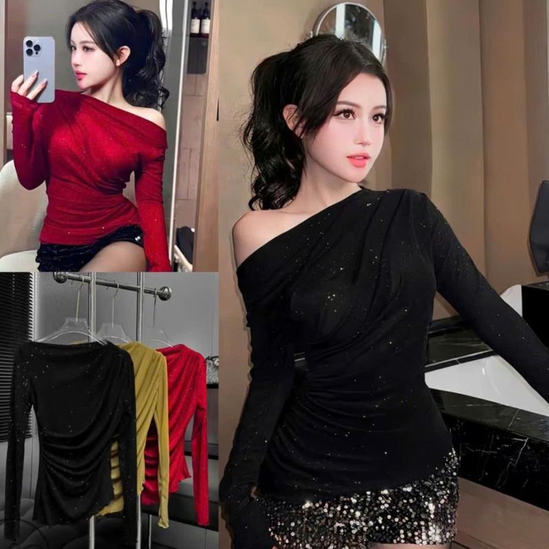 Áo lệch vai nhũ nhún sườn áo thun nữ tay dài bigsize ESHOP áo thun dài tay thun lưới xốp nhũ kim tuyến kim sa áo trễ vai  MS300 Woment Top Áo