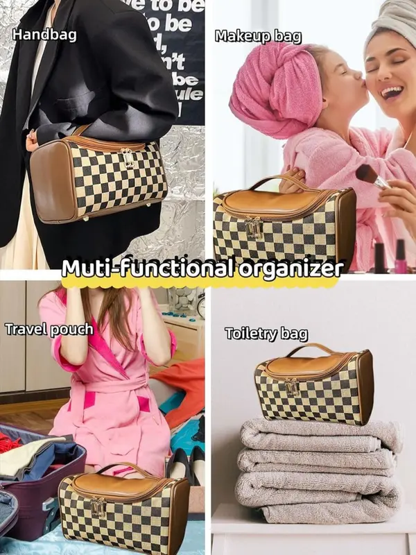 Women's Fashionable Plaid Pattern Handbag, Large Capacity Cosmetic Bag, Portable Toiletry Bag, Casual Trendy Versatile High-quality Daily Commuting Bag 6