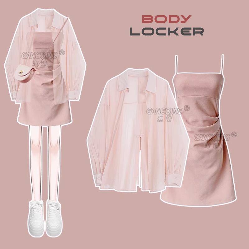 Set Áo Sơ Mi Nữ Dài Tay Vải Voan Tơ Khoác Ngoài Kết Hợp Với Váy Hai Dây Ôm Body Xếp Ly Eo Dáng Ngắn Phong Cách Trẻ Trung