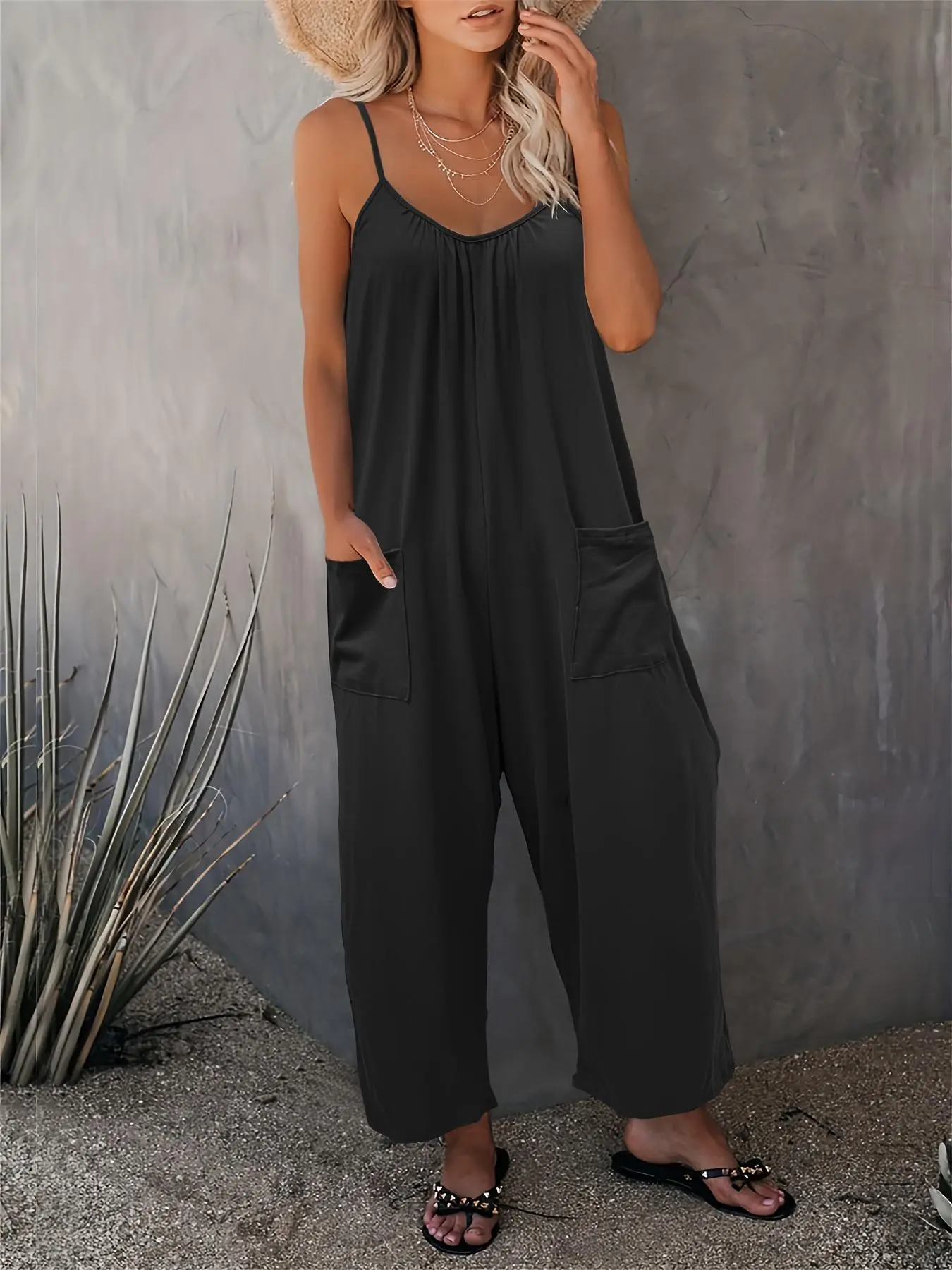 Women's Solid Color Pocket Jumpsuit, Casual Comfy Overalls Jumpsuit for Beach Vacation Holiday, Ladies Clothes for All Seasons
