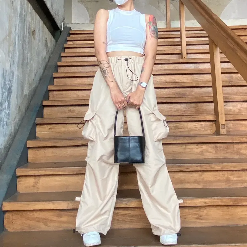 AIGO - celana cargo parasut panjang streetwear unisex Santai Karet Serut Wanita Kulot Jogger 0
