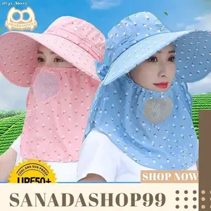 (TP35) Topi matahari lipat topi pelindung UV wanita topi kerudung penutup wajah bernapas topi pantai kerudung lebar pelindung matahari