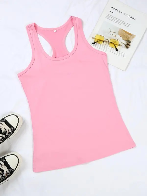 Women's Solid Round Neck Tank Top, Summer Clothes, Casual Sleeveless Crew Neck Top for Summer, Ladies Clothes for Daily Wear 7