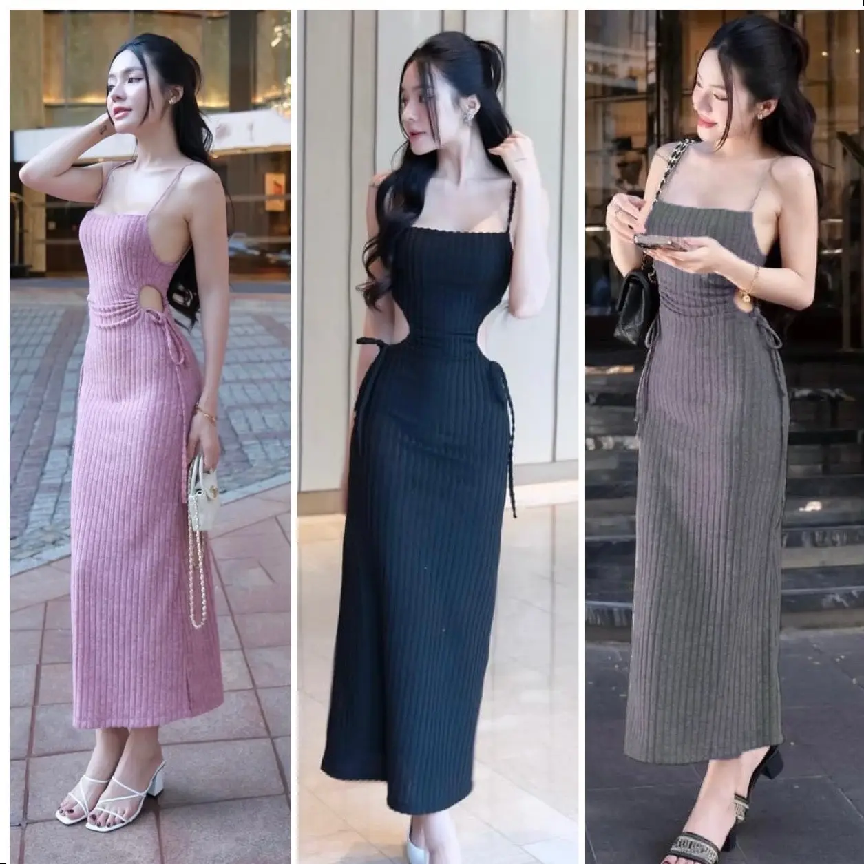 Đầm body 2 dây chất len quảng châu dây rút khoét eo có mút ngực