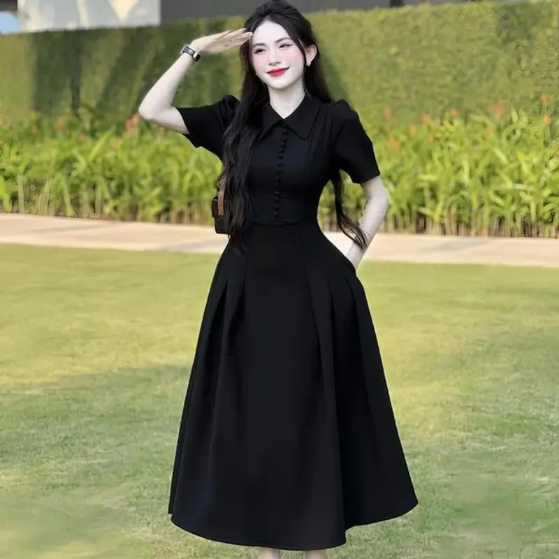 Đầm váy nữ cổ sơ mi tay ngắn đính nút thật dáng dài xᶖnh xắn phù hợp cho các nàng đi chơi, đi tiệc đá xám 1