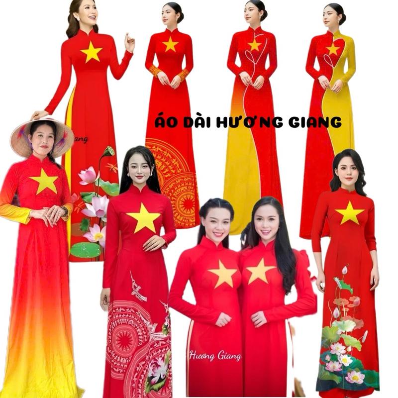 A12-Tổng hợp Áo dài lụa in 3D hình sao vàng mềm mịn, mát, ảnh shop tự chụp- Áo Dài Hương Giang Nữ Kem Women Dress