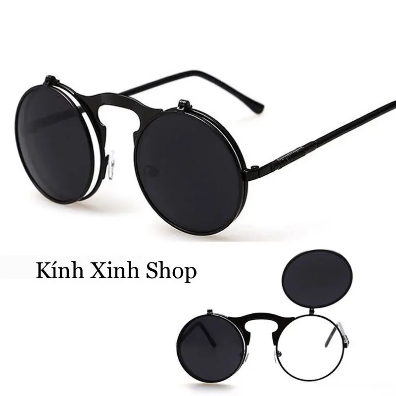 Kính râm Mắt tròn 2in1 2 tròng mở nắp gọng lò xo siêu chất