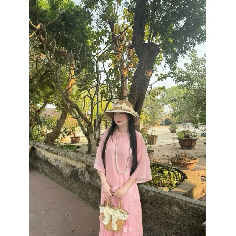 Combo Túi cói nhỏ đeo chéo nơ ren + mũ vành nhỏ nơ ren 7