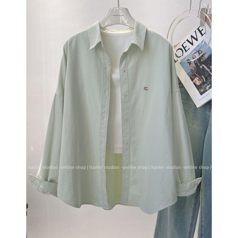 Áo Sơ Mi Cho Nữ, Màu Pastel, Phong Cách Hàn Quốc Mới, Thêu, Dáng Rộng Vừa Vặn, Dài Trung Bình Mỏng Vừa Vặn, Áo Sơ Mi Dài Tay, Thời Trang, Quần Áo Nữ Mùa Xuân 2025 3