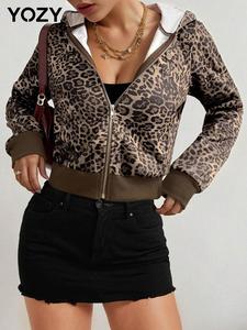 YOZY Women's Leopard Print Zip Up Hoodie, Casual Long Sleeve Pocket Hooded Sweatshirt for Spring & Fall, Women's Clothes for Daily Wear