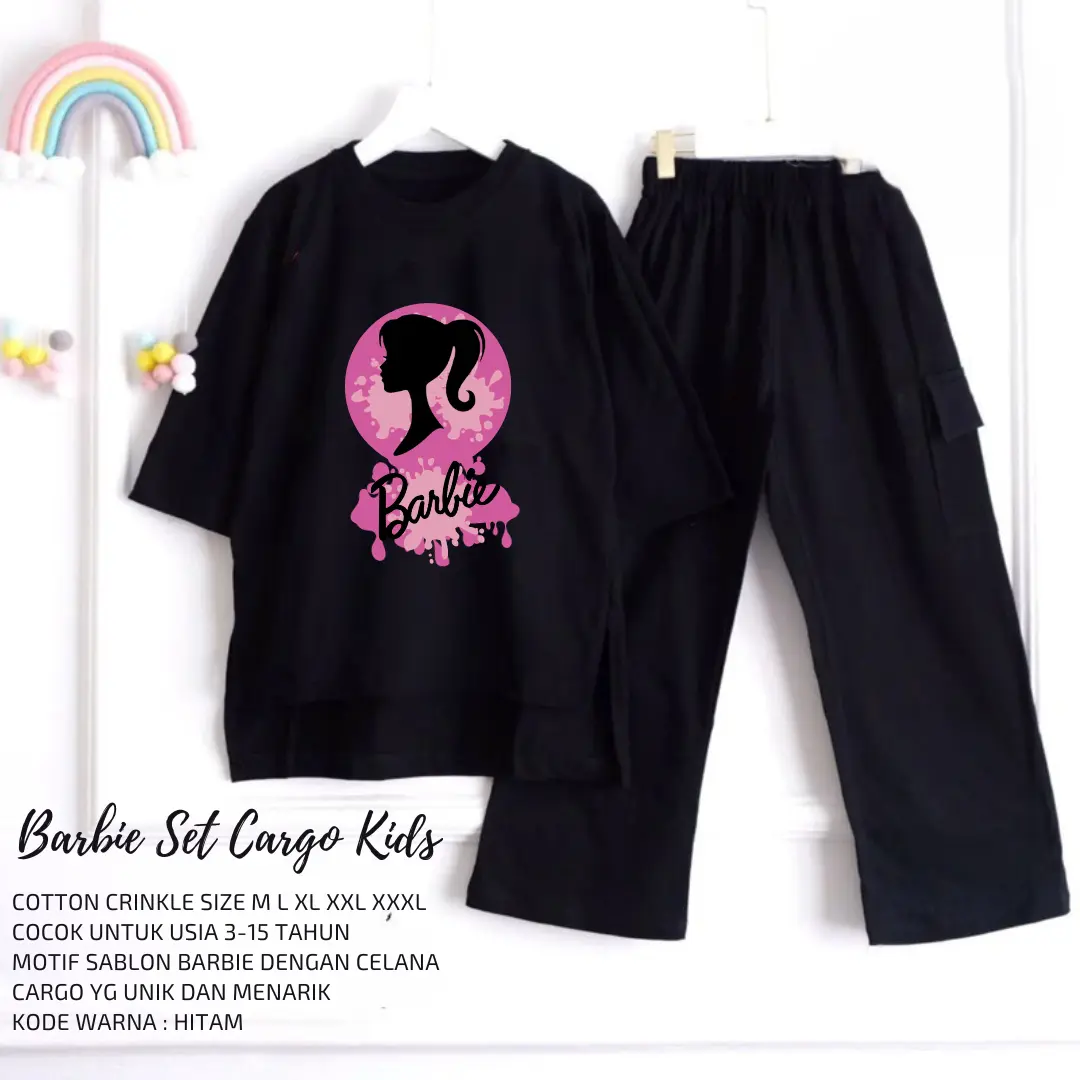 Setelan Cargo Barbie Set Kids Cringkel Airflow Viral Premium Stelan Anak Size M L XL XXL XXXL Motif Sablon Barbie Set Cargo Kids Usia 3 Sampai 15 Tahun Celana Cargo Anak Perempuan Baju Fashion