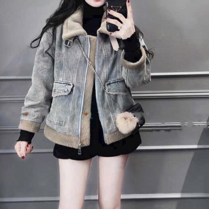 Áo Khoác Bò lót lông tho đai da khoá kéo mã thời tranh nữ có 2 túi Women Top Jacket Kem