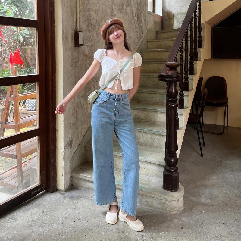  Quần jean bò ống rộng suông nữ cạp lưng cao chất denim không co giãn màu xanh nhạt Meisy Women Pants 