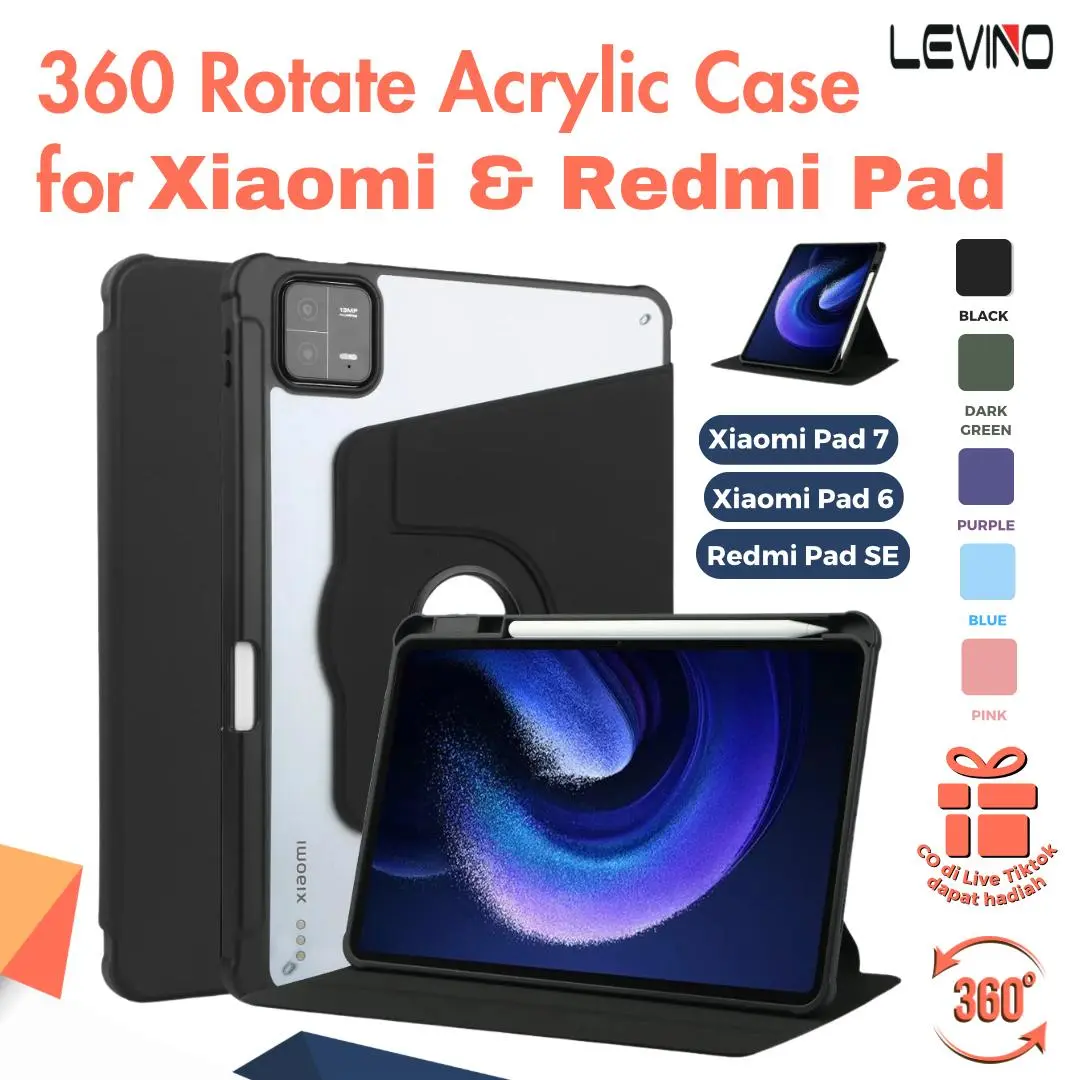 LEVINO Casing Xiaomi Pad 360 Rotasi For Tablet Xiaomi Pad 6/6s Pro Redmi Pad SE 11 inch TPU Protective Shell with Pencil Slot Smart Cover