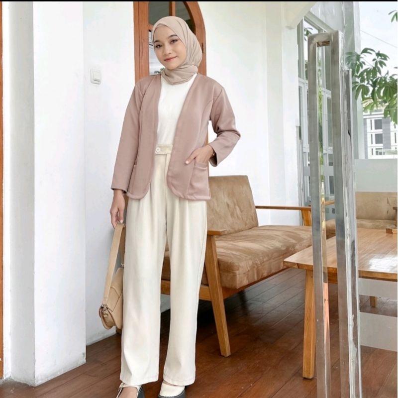 Blazer WANITA Kekinian Scuba polos Tanpa kancing Nabila Blazer Outer OOTD Basic Jaket Cewek Atasan Casual Panjang Hitam Tebal 3