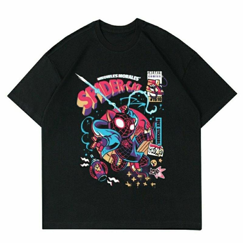 BAJU SPIDER-CAT | T-SHIRT KAOS MARVEL SPIDERCAT BLACK | KAOS COMICS SPIDERMAN | KAOS BAJU PRIA | KAOS OVERSIZE Bulat Jeans