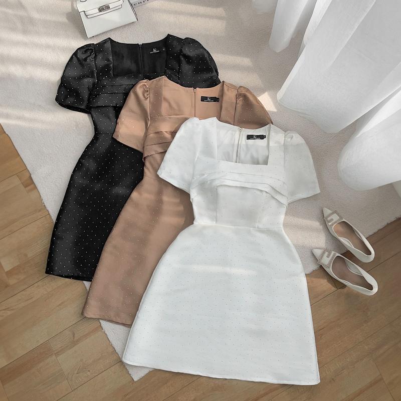 ĐẦM CỔ VUÔNG XẾP LY ĐÍNH ĐÁ LẤP LÁNH TAY PHỒNG FORM A ĐI TIỆC BIGSIZE Voan Nữ Women Voi Sen