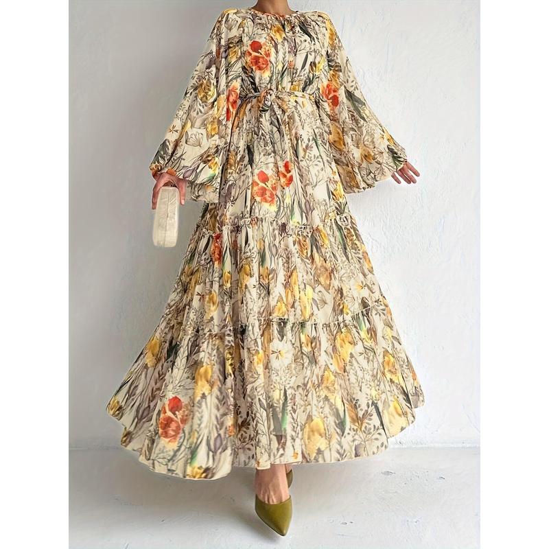 Elegant Floral Print Long Sleeve Kaftan Dress - Casual Polyester Maxi with Tie-Waist Detail, Machine Washable - Perfect for All Seasons 4