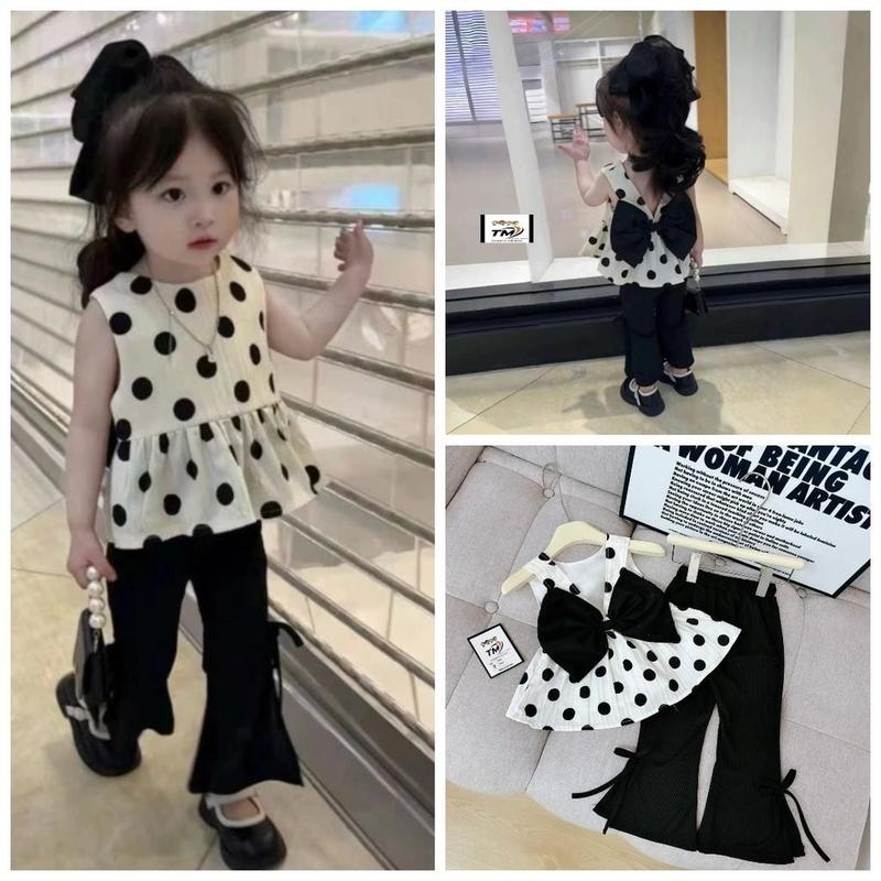  Áo Babydoll Chấm Bi Nơ Lưng+ Quần Tăm Loe Bé Gái 10-28kg 
