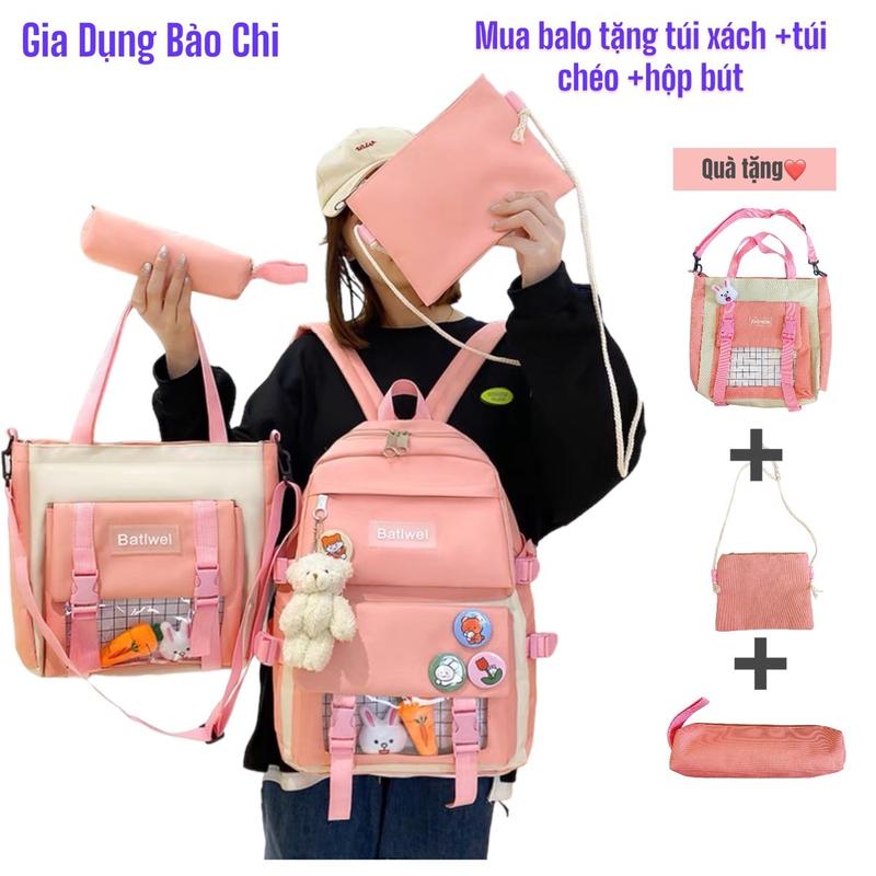 Balo Đi Học Set 4 Món Vải Canvas Tặng Túi Xách, Túi Nhỏ Túi Đựng Bút Và Sticker Đeo Vai Backpack