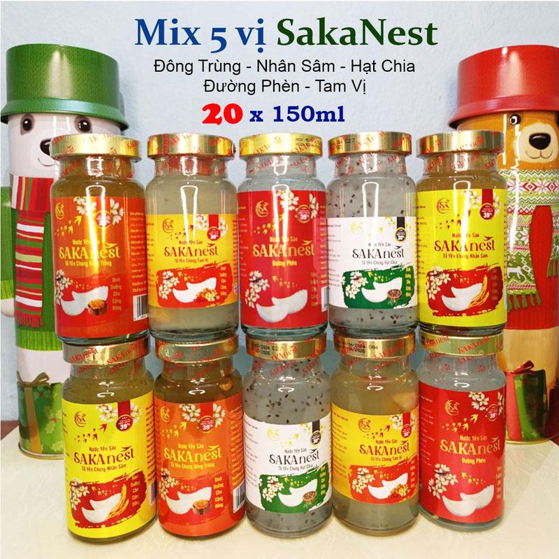 Mix 5 vị 20 lọ yến sào Sakanest Chưng Đông Trùng Hạ Thảo Đường Phèn Nhân Sâm Tam Vị Hạt Chia 39% yến tươi 150ml không hộp