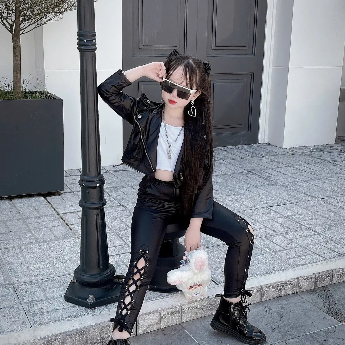 Set khoác da mix quần leggings cho bé gái