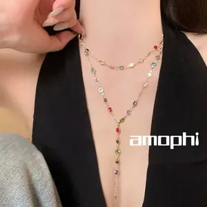 amophi Kalung Gaya Prancis Kalung Rumbai Rumbai Berlian Penuh Wanita Rantai Sweater Berongga Hollow-out Modis Fashion Aksesoris Korea Perhiasan Ema C1081