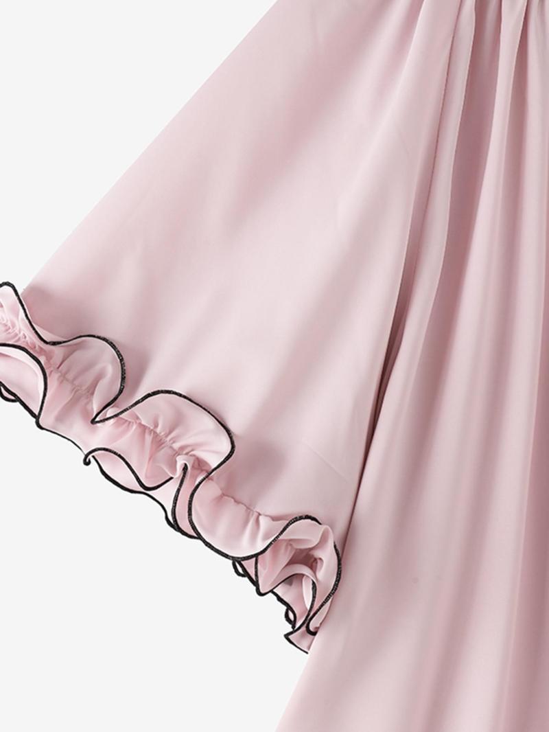 Product Introduction of Women's Plain Contrast Binding Frill Trim Pleated Blouse, Casual Batwing Sleeve Boat Neck Top for Spring & Fall, Women's Clothing for Daily Wear 5