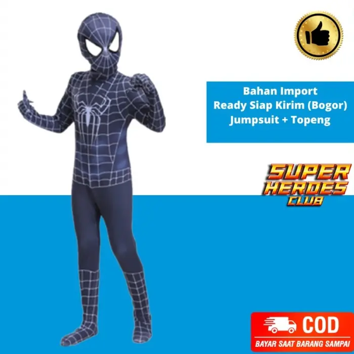 Kostum Superhero Anak Spider Venom Hitam Baju Cosplay Impor Spiderman - L