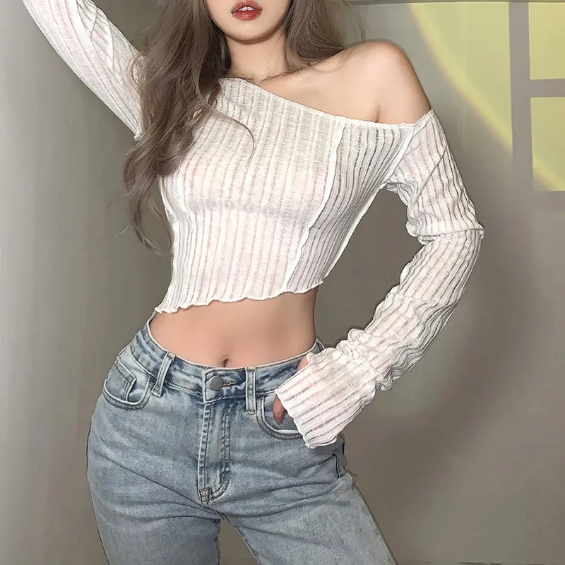 Áo Thun Dài Tay Thường Ngày Cho Nữ: Thời Trang, Màu Trơn, Vai Nghiêng - Áo Cropped Bất Đối Xứng Top Sơ Mi Women Voi Tua Rua