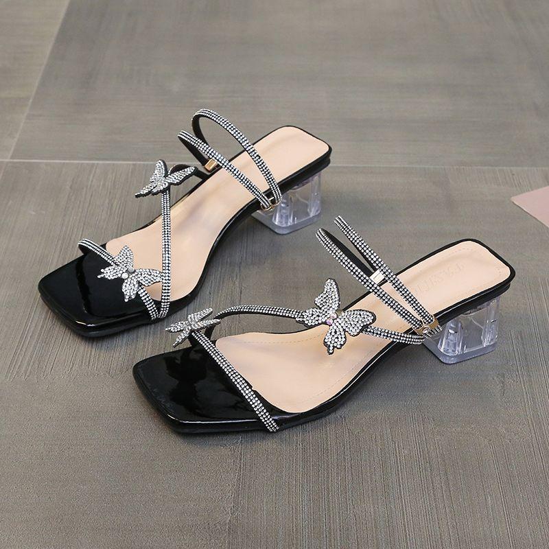 Sandal cao gót đế vuông trong pha lê, Giày cao gót dây kim tuyến lấp lánh gắn bướm chuẩn size mã TD301 Nữ Shoes DéP Jean