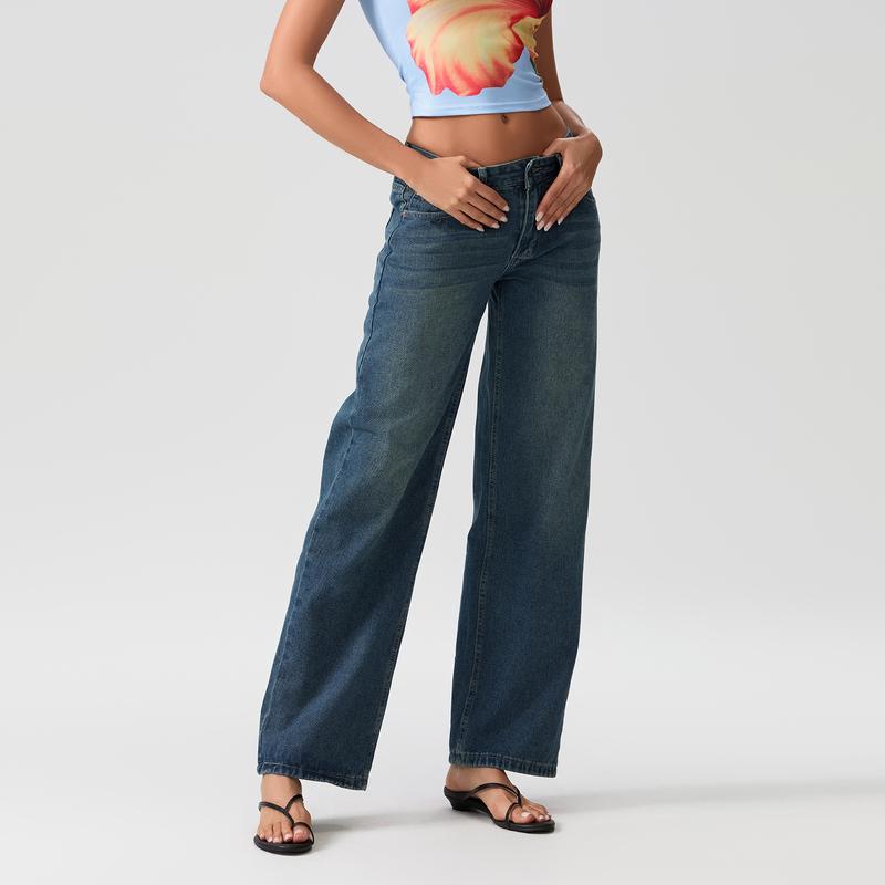 Product Introduction of Women Casual Low Rise Jeans Fashion Loose Straight Leg Denim Pants with Pockets for Summer Spring 45