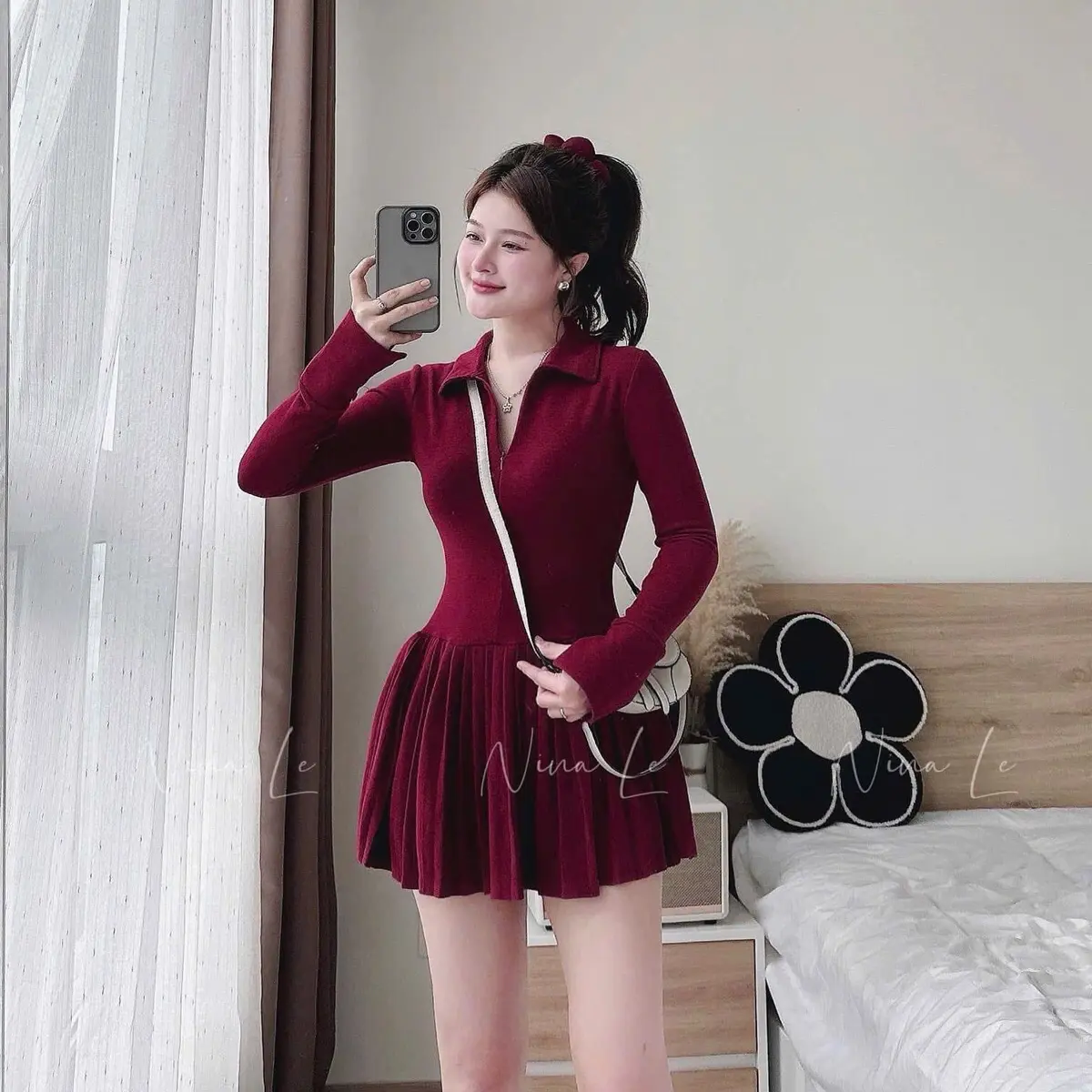 Váy len thỏ dập ly dáng ngắn chất len có giãn ôm dáng cổ bẻ khoá trước cá tính tôn dáng