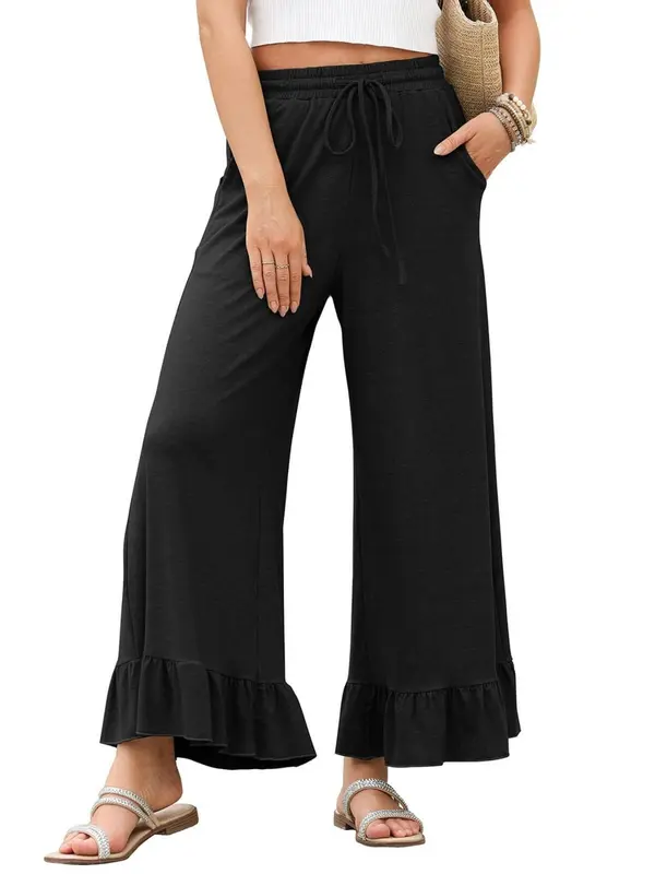 Women's Solid Color Tie Front  Wide Leg Pants, Casual Comfy Trousers for Daily Wear, Ladies Bottoms for All Seasons 2