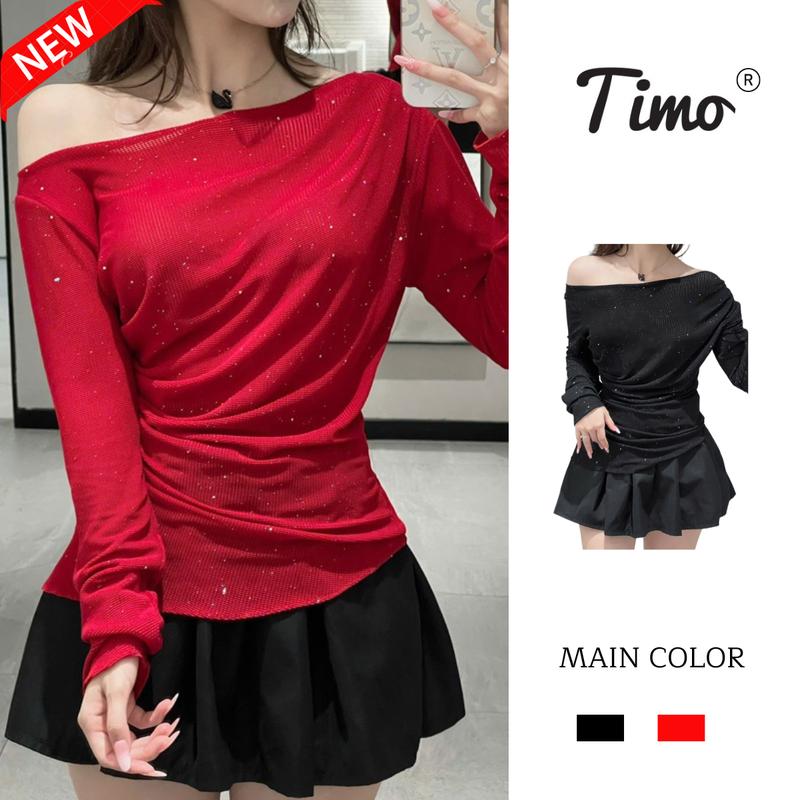 [HÀNG MỚI VỀ] Áo thun nữ trễ vai, Áo thun trễ vai chiết eo cách điệu tôn dáng vải tăm nhũ mềm mìm có kim tuyến xinh xắn AOT193