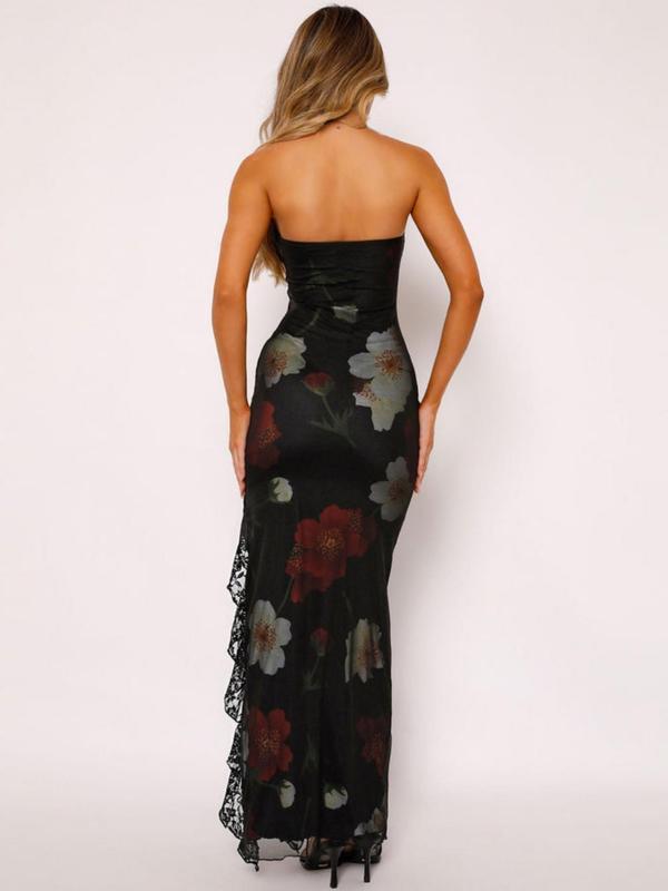 Women's Floral Print Contrast Lace Split Thigh Bodycon Tube Dress, Elegant Fashion Backless Long Dress for Party Club Dating Wear, Women Dress for Summer 1